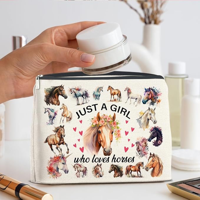 Horses Gifts Makeup Bag Funny Horse Lover Gifts for Girl Women Cowgirl Cosmetic Bag Just a Girl Who Loves Horses Zipper Makeup Pouch Gift