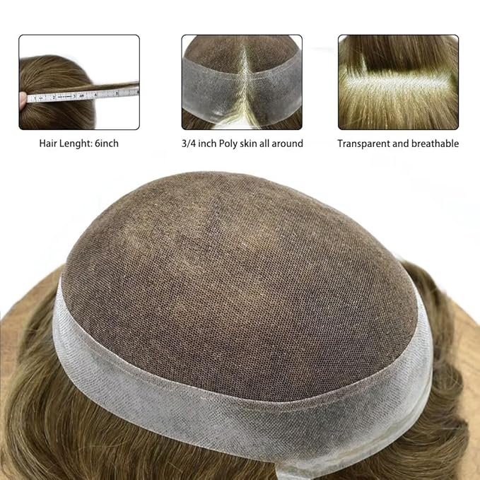 FACE MIRACLE Toupee for Men French Lace Hairpiece Human Hair Replacement System Skin PU Mens Toupee Hair Wigs for Man V-Looped Front Hair Prosthesis 6"X8" 7ASH Light Ash Brown