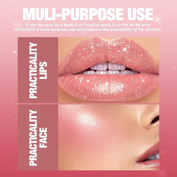 Jolilab Sparkling Lip Gloss, Long Lasting Waterproof Moisturizer Lip Balm Glitter Shimmer Metallic, Diamond Shiny Bold Glow Goth Lipstick for Women Girls, Non-sticky (1, 02#)