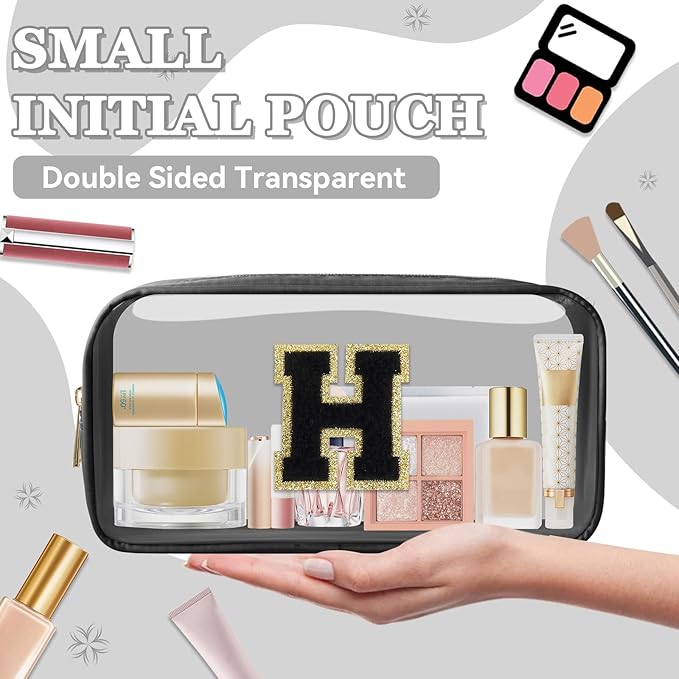 Small Clear Personalized Initial Makeup Bag,Nylon Preppy A-Z Chenille Letter Patch Cosmetic Pouch Beach Toiletry Bag,Waterproof Zipper Travel Purse Storage Bag Organizer for Women Girls(Black-Black H)