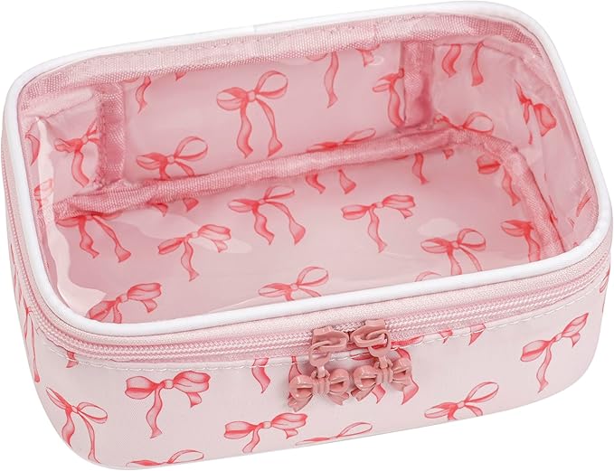 Cute Clear Makeup Bag with Bow Patten,Transparent Nylon Travel Cosmetic Case with Zipper,Portable Makeup Organizer Pouch for Essentials(05Pinkbow-white)