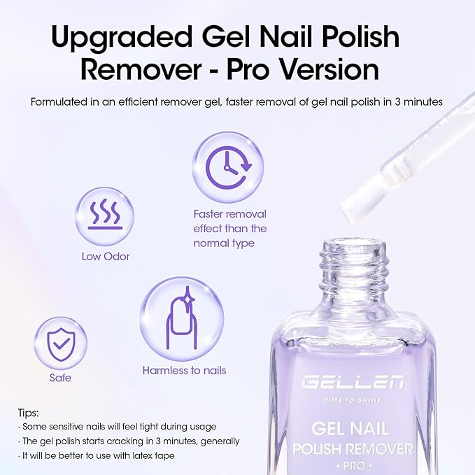 Gellen Gel Nail Polish Remover, Gel Remover for Nails Quickly in 2-5 Minutes, Easy Use No Need to Soak or Wrap, Professional Nail Gel Remover Kit, Gellen Gel Polish Remover Pro