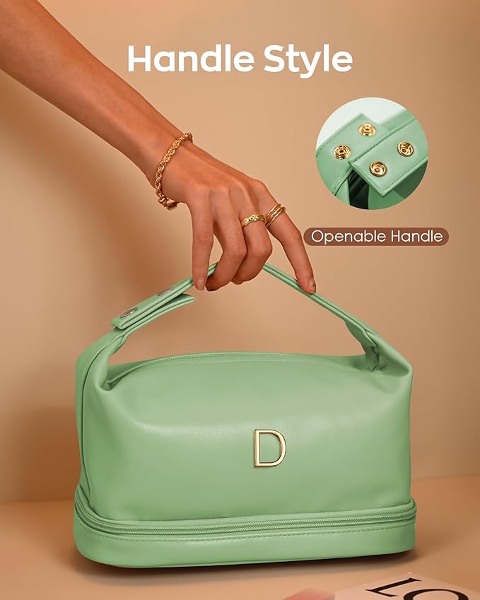 Gifts for Women, Makeup Bags with Handle, Initial Double Layer Cosmetic Bag with Makeup Brush Organizer, Birthday Gifts for Women - 30th 40th 50th 60th 70th Birthday Gifts, Gifts for Friends