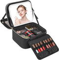 TANTO Travel Makeup Bag with LED Mirror Double Layer Makeup Case with Lighted Mirror Dual Layer Cosmetic Train Case Portable Artist Organizer Bag with Dividers and Rechargeable Vanity (Black, Small)