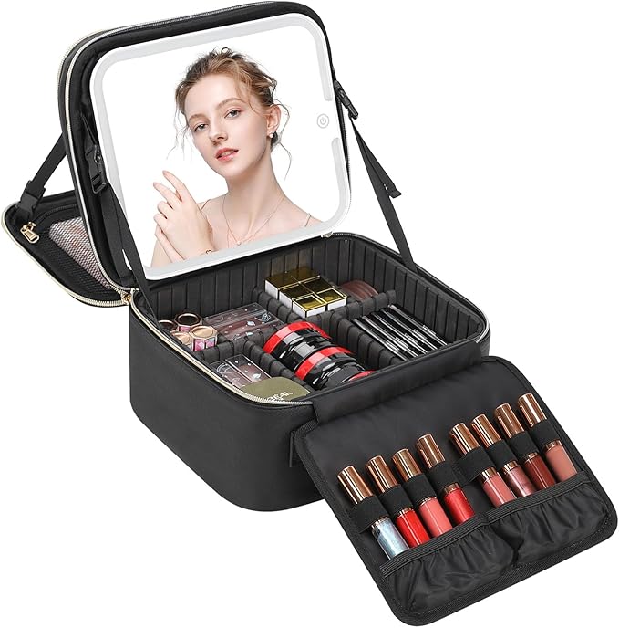 TANTO Travel Makeup Bag with LED Mirror Double Layer Makeup Case with Lighted Mirror Dual Layer Cosmetic Train Case Portable Artist Organizer Bag with Dividers and Rechargeable Vanity (Black, Small)