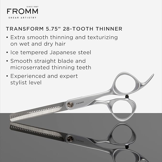 Fromm Transform 5.75" 28 Tooth Thinning Shears for Haircutting Wet and Dry Hair, Polished Silver Japanese Steel Scissors with Beveled Blades and Microserrated Thinning Teeth