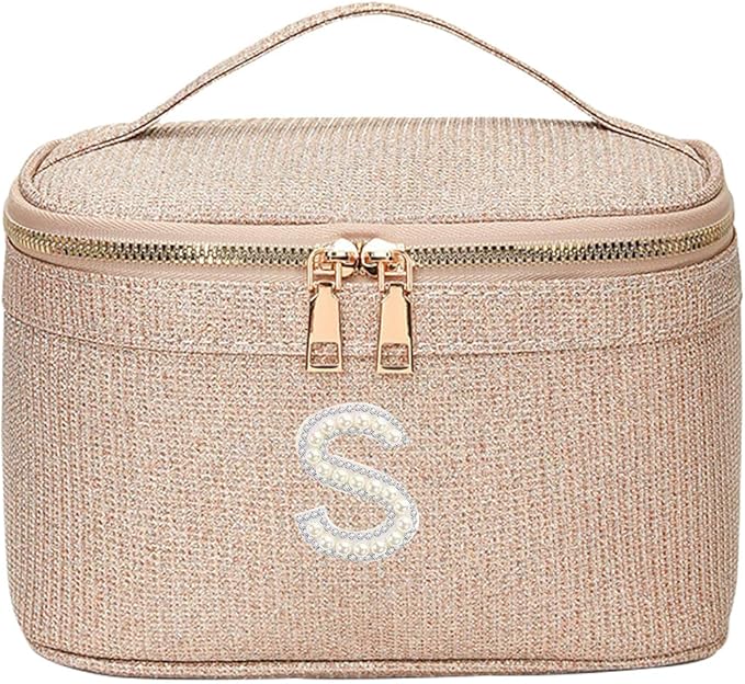 EURYNOME Makeup Bag with Custom Letter S, Water-Resistant Travel Organizer Pouch, (8.3x5.1x5.1 Inch) Cosmetic Case for Women