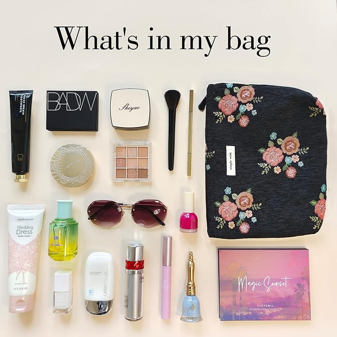 STARDW Aesthetic Floral Makeup Bag Cute Small Cosmetic Bags for Women Girls, Travel Toiletry Bag Large Capacity Zipper Makeup Pouch, Purse Organizer Pouches (Vintage Flowers)