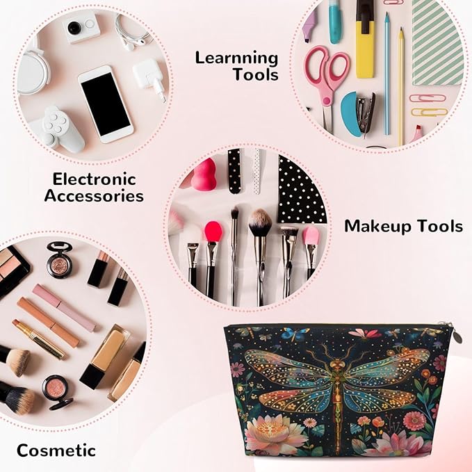 Womens Leather Makeup Bag Cosmetic Bag Travel Toiletry Bags Make Up Bags for Women Adult (Floral Dragonfly)