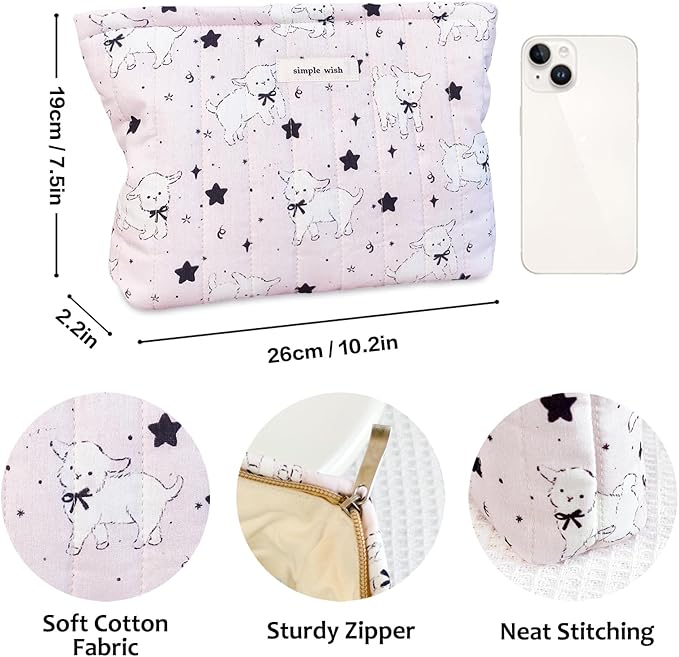 STARDW Cute Cotton Quilted Makeup Bag Cosmetic Bags for Women and Girls,Travel Toiletry Bag Floral Makeup Zipper Pouch, Purse Organizer Pouches,Canvas Lining (Cute Lamb)