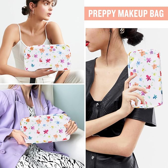 Nylon Small Floral Makeup Bag for Purse, Cute Preppy Makeup Bag Flower Cosmetic Zipper Pouch Purse, Waterproof Portable Travel Toiletry Makeup Brush Bag Organizer Storage for Women Girls(White-Flower)