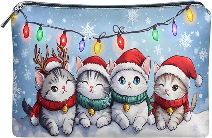 COEQINE Cute Makeup Bags for Women Christmas Cat Kawaii Cosmetic Zipper Pouch Bags with Zipper Soft Leather Makeup Brush Holder Storage Toiletry Holiday Handbag