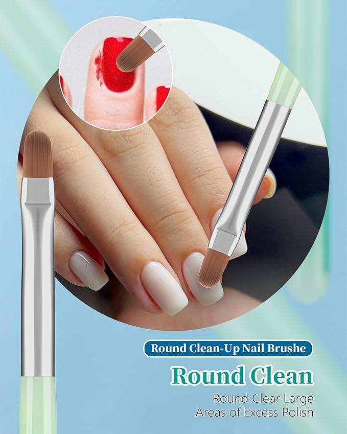 3PCS Nail Polish Clean Up Brush, Round&flat&Angled Acetone Resistant Nail Brush for OPI Nail Polish Remover, Fingernail Cleaning Brushes at Home Nail Art and Designs(Emerald Green)