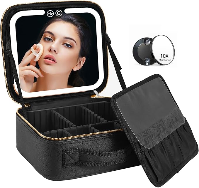 Travel Makeup Bag with LED Lighted Make up Case with Mirror 3 Color Setting Cosmetic Makeup Box Organizer Vanity Case for Women Beauty Tools Accessories Case Rechargeable