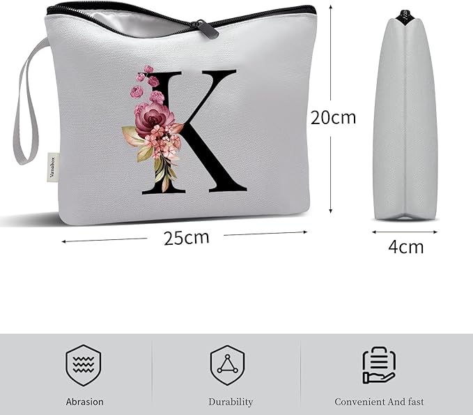 Vavabox A-Z Personalized Makeup Bag, Birthday Gifts for Women Mom, Gifts for Best Friend, Bride Bridesmaid Cosmetic bag (K, Grey)