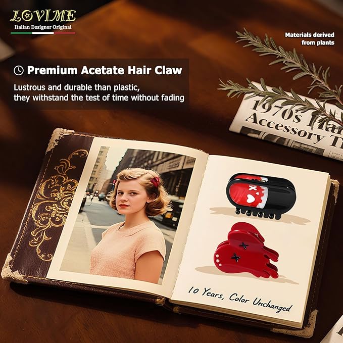 Italian Designer Original Acetate Hair Claw Clips for Women - Mini Cute Gothic Halloween Hair Accessories Bleeding Heart & Pill, Halloween Spooky, Plant-Based, Gift Boxed, 2-Pack
