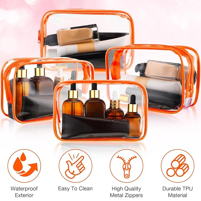 Weewooday 12 Pieces Clear Makeup Bags Cosmetic Storage Bags PVC Zipper Pouches Travel Waterproof Makeup Plastic Case for Women Organizing Toiletries Traveling Bathroom(Medium,Orange)