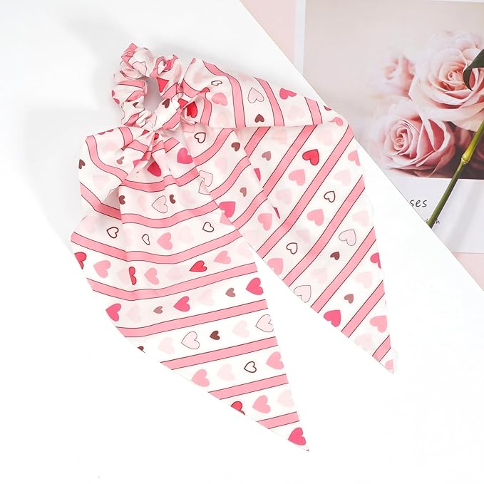 Valentine's Day Hair Ties Pink Heart Stripes Hair Scrunchies for Women Teen Girls Elastic Love Hair Tie Ribbon Valentine's Day Hair Bows Hair Accessories Gifts
