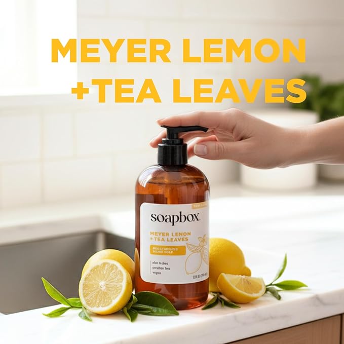 Soapbox Liquid Hand Soap, Meyer Lemon & Tea Leaves - Gentle, Moisturizing Hand Cleanser, Vegan, Cruelty Free Hand Soap for Bathroom and Kitchen, 12oz Pump Bottles (Pack of 3)