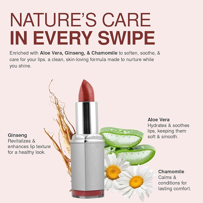 Palladio Herbal Lipstick, Rich Pigmented and Creamy, Infused with Aloe Vera, Chamomile & Ginseng, Prevents Lips from Drying, Combats Fine Lines, Long Lasting Lipstick, Rosey