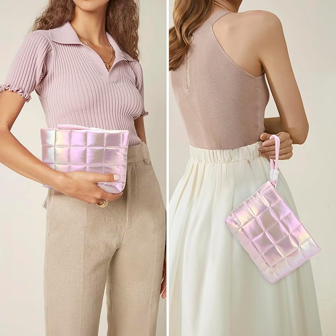 DOB SECHS Quilted Checkered Makeup Bag with Strap, Cute Puffer Cosmetic Bags for Women, Cotton Puffy Toiletry Zipper Pouch, Travel Essentials Storage Organizer Clutch Pencil Case, Iridescent Pink