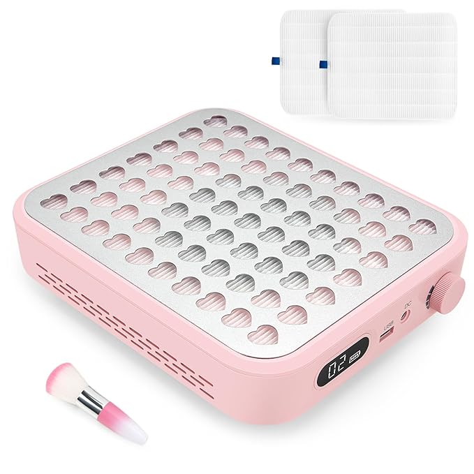 Rechargeable Cordless Nail Dust Collector: Powerful Quiet Nail Fan Vacuum Dust Collector with 2 Filters 1 Brush, Nail Vent Dust Extractor Cleaner for Acrylic Gel Nail Polishing Nail Tech Use, Pink