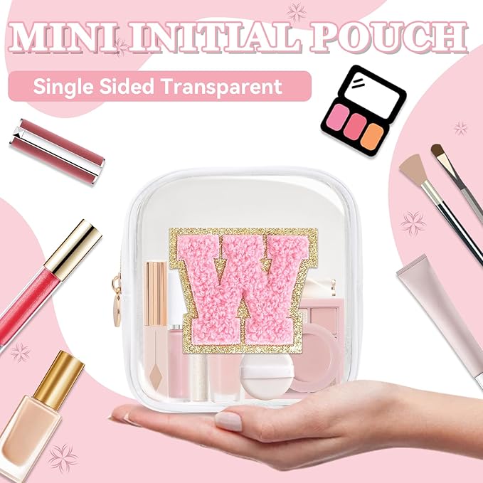 Mini Clear Personalized Initial Makeup Bag, Small Preppy A-Z Chenille Letter Patch Cosmetic Pouch, Transparent PVC & Nylon Waterproof Zip Beach Toiletry Bag,Gift for Women Girls(White-Pink W)