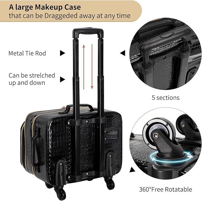 OCHEAL Rolling Makeup Train Case, 18" Carry On Travel Cosmetic Organizer Suitcase,Extra Large Trolley Makeup Storage Case On Wheels,3 Layers with 3pcs Traveling Bags for Hairstylist Cosmetology Artist