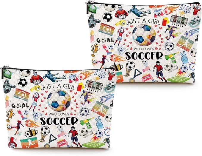 2pcs Soccer Makeup Bags for Women, Canvas Soccer Gifts Cosmetic Bag Pouch Accessories for Players Teams Stuff, Sport Team Birthday Gifts for Soccer Lovers Her Friends Women