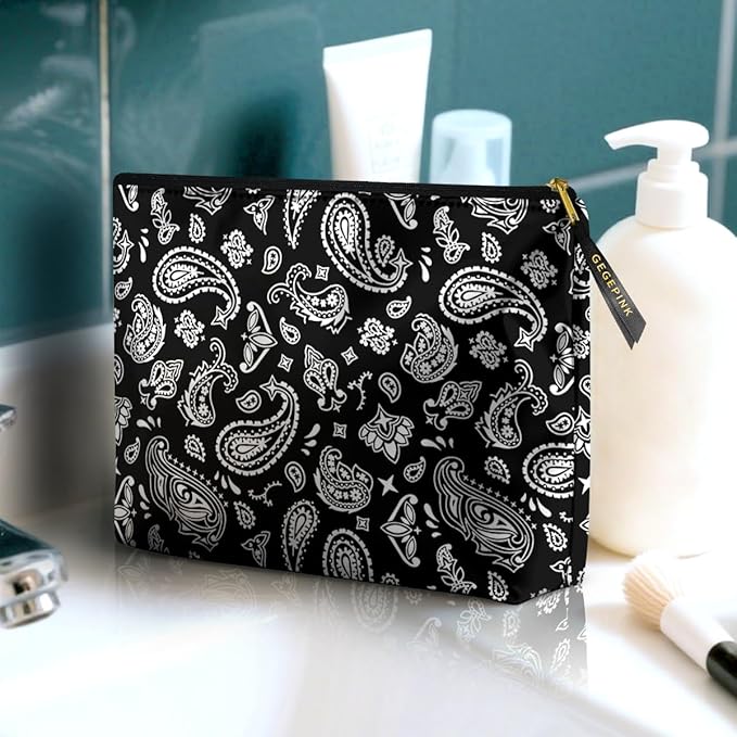 Cute Makeup Bag for Purse Waterproof Cosmetic Bags for Women Funny Smooth Zipper Travel Toiletry Pouch 10X8 Inches-Paisley Floral-Black Makeup pouch