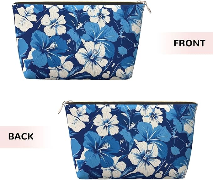 Womens Leather Makeup Bag Cosmetic Bag Travel Toiletry Bags Make Up Bags for Women Adult (Blue Hibiscus 3)