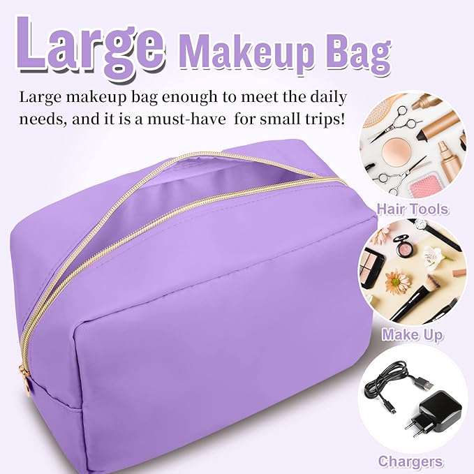 Nylon Large Makeup Bag Travel Cosmetic Bag Pouch, Preppy Big Makeup Bag Cute Cosmetic Zipper Pouch Purse, Waterproof Toiletry Bag Clutch Makeup Organizer Travel Essentials for Women Men Girls(Purple)
