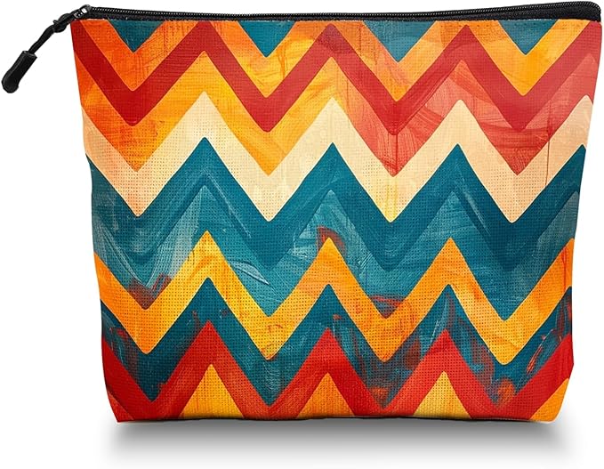 Cosmetic Bags Travel Makeup Toilet Case Waterproof Pouch for Women Girls 6.7X9.45inches - Zigzag Pattern in Warm And Cool Tones