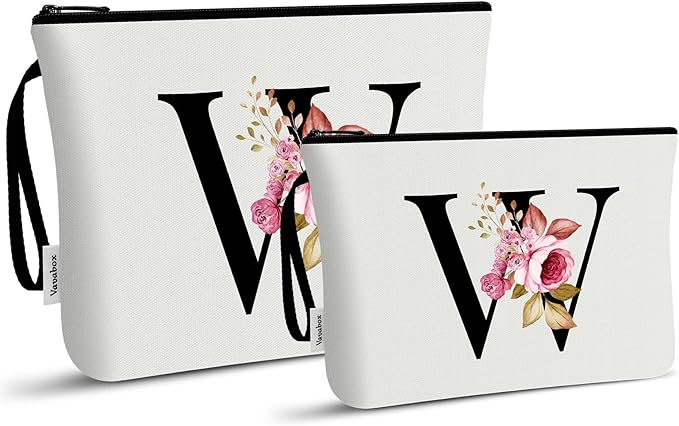 Vavabox A-Z Personalized Makeup Bag, Birthday Gifts for Women Mom, Gifts for Best Friend, Bride Bridesmaid Cosmetic bag (W, 03-White Set)