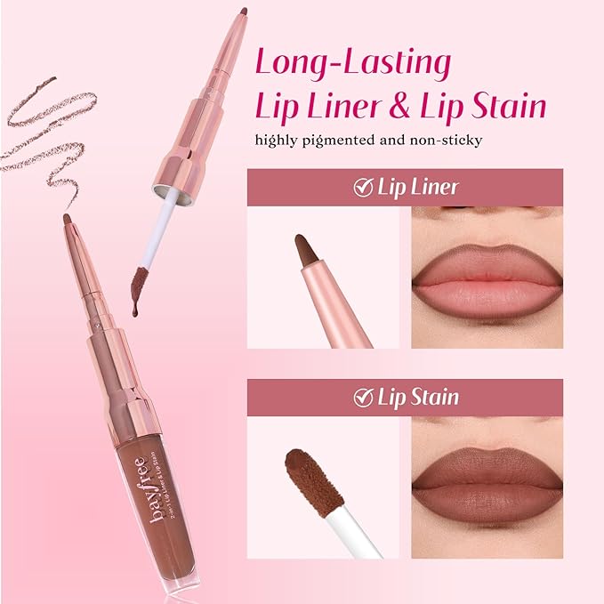 bayfree 2-IN-1 Lip Liner and Lip Stain, High Pigmented Long Lasting Velvet Lip Tint, Well-Defined Lipliner, Weightless Waterproof Not Animal Tested, Matte Finish Makeup