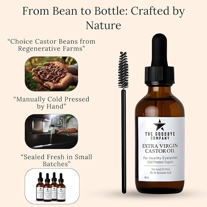 The Goodbye Company Organic Castor Oil - 100% Pure Extra Virgin Cold Pressed Unrefined for Luscious Hair Growth, Thicker Eyelashes & Radiant Skin - Deeply Moisturizing & Detoxifying (60ml)