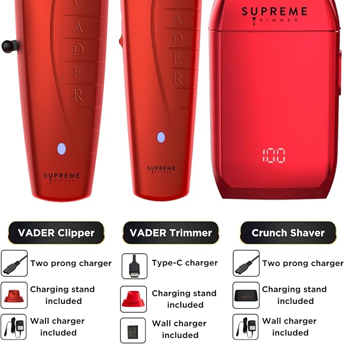 Supreme Trimmer 3-in-1 Barber Kit | Vader Clipper, Vader Trimmer & Crunch Foil Shaver | Men's Professional Beard Trimmer, Brushless Motor Clippers & Waterproof IPX6 Shaver | Red