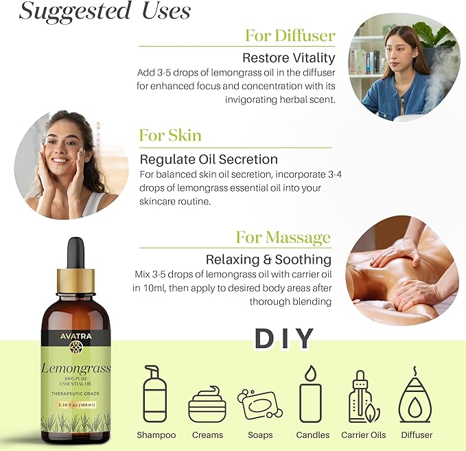Avatra Lemongrass Essential Oil 100ML (3.38 OZ) with Glass Dropper and Travel Bottle, Pure and Natural Therapeutic Grade Lemongrass Oil for Diffuser, Aromatherapy, Massage, and DIY Candle Products