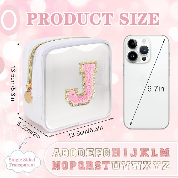 Mini Clear Personalized Initial Makeup Bag,Nylon Preppy A-Z Chenille Letter Patch Zipper Cosmetic Bag, Small Cute Beach Pouch Travel Purse Sanitary Napkin Storage Bag for Women Girls(White-Pink J)