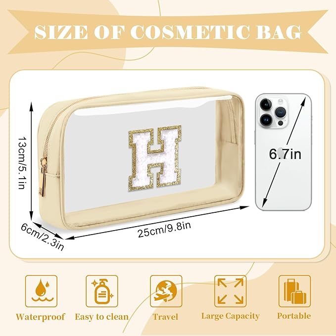 Personalized Initial Letter Clear Makeup Bag,Preppy Small Nylon&PVC Cosmetic Zipper Bag with Chenille Letter,Portable Beach Travel Skincare Toiletry Bag,Trendy Monogram Gift for Teen Girls Women,H