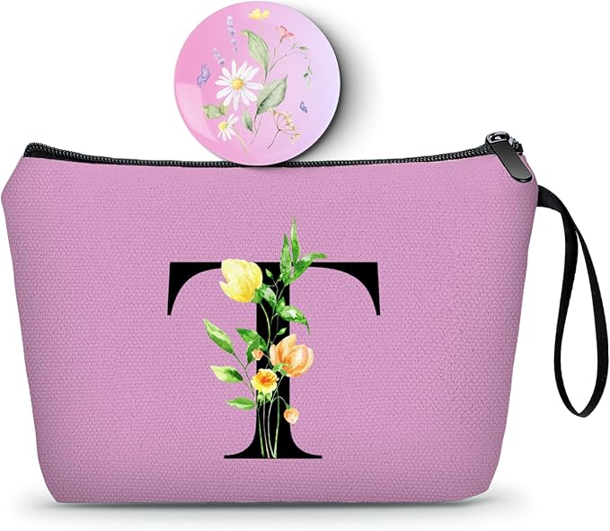 Women Birthday Unique Bride to be Bridal Shower Initial Gifts for Mom Sister Friend Her Teacher Aunt Makeup Cosmetic Bag with Mirror Mothers Day Christmas Graduation T