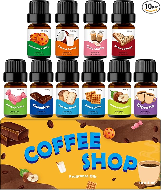 Fragrance Oil for Candle & Soap Making, Holamay Coffee Shop Set, Premium Aromatherapy Essential Oils for Diffusers for Home - Espresso, Cafe Mocha, Chocolate, Almond Biscotti and More, 10 x 5ml