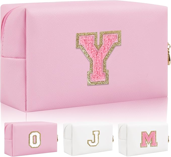 Personalized Initial Letter Patch Makeup Bag, Preppy Small Chenille Cosmetic Bag with Zipper, PU Leather Waterproof Travel Toiletry Bag Monogram Make Up Pouch for Women Girls