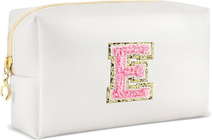 Initial Makeup Bag Personalized Preppy Travel Small Cosmetic Bag Cute PU White Chenille Letter Makeup Pouch for Purse Waterproof Zippered Toiletry Organizer for Women Girls Kids Friends (E)