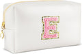 Initial Makeup Bag Personalized Preppy Travel Small Cosmetic Bag Cute PU White Chenille Letter Makeup Pouch for Purse Waterproof Zippered Toiletry Organizer for Women Girls Kids Friends (E)