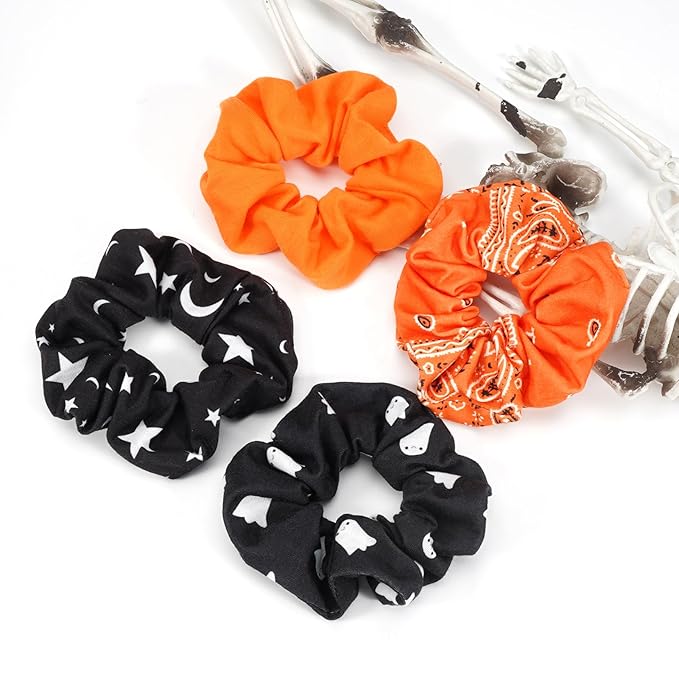 Halloween Hair Scrunchies Cute Ghosts Moon Star Hair Ties Fall Orange Bandana Scrunchy Elastics Hair Bands Gifts Ponytail Holder Hair Accessories for Women Girls