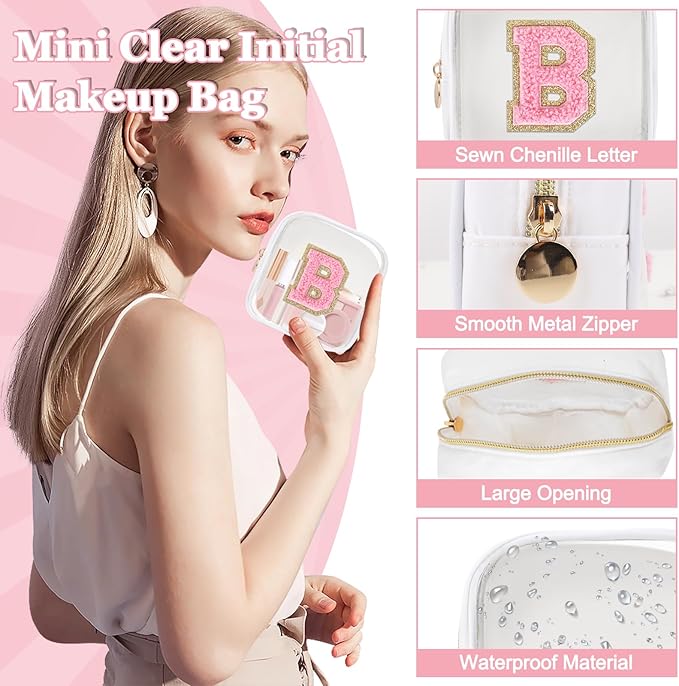Mini Clear Personalized Initial Makeup Bag,Nylon Preppy A-Z Chenille Letter Patch Zipper Cosmetic Bag, Small Cute Beach Pouch Travel Purse Sanitary Napkin Storage Bag for Women Girls(White-Pink B)