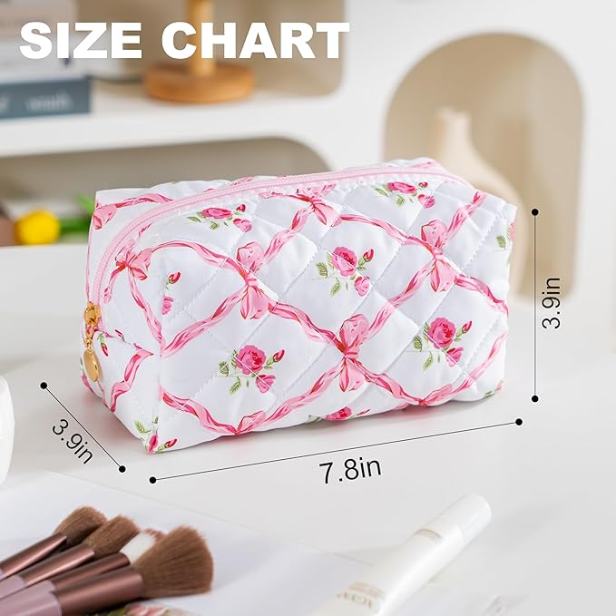 Makeup Bag Travel Toiletry Bag for Women, Small Cosmetic Bags Cute Quilted Cotton Makeup Pouch for Purse Emergency Bag for School Floral Pencil Case Accessory Bag, Bow and Floral