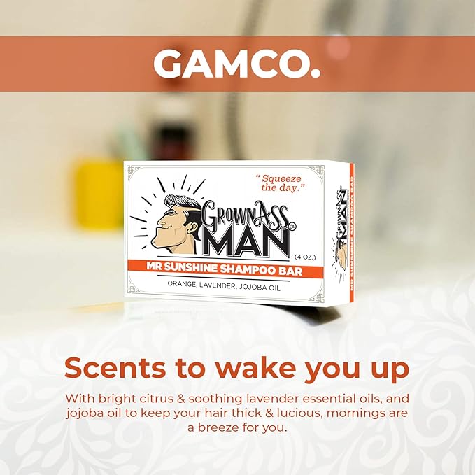 Grown Ass Man Co. - Solid Shampoo Bar Rich Lather 3 in 1: Hair, Beard & Body Wash - Plastic Free & Eco-Friendly, Natural & Organic Clean for All Hair Types, 4oz Bar (Mister Sunshine, Single)