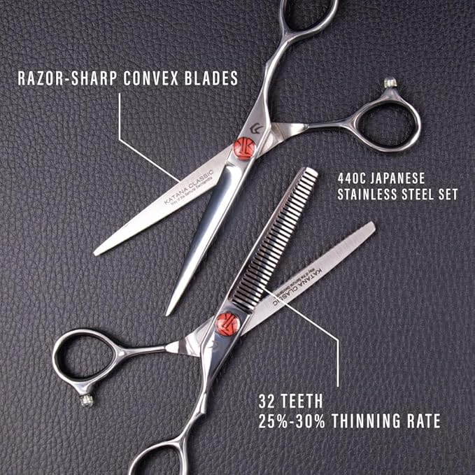 Katana Classic Left Handed Professional 6.5" Lefty Hair Shear Set by Tokko Shears, 440C Japanese Steel Left Hand Haircut Regular & Thinning Scissors for Barbers and Salon Professionals